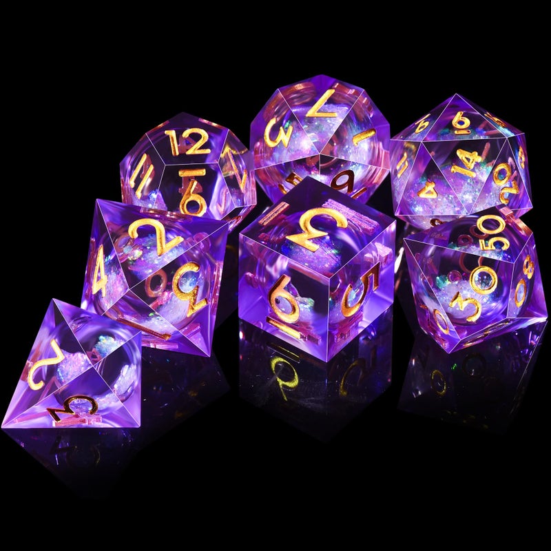 AUSTOR Liquid Core Resin DND Dice Sharp Edge Polyhedral Dice 7-Die DND Dice Set Quicksand Handmade Resin Dice for Dungeons and Dragons RPG MTG Table Games, Violet - Image 4