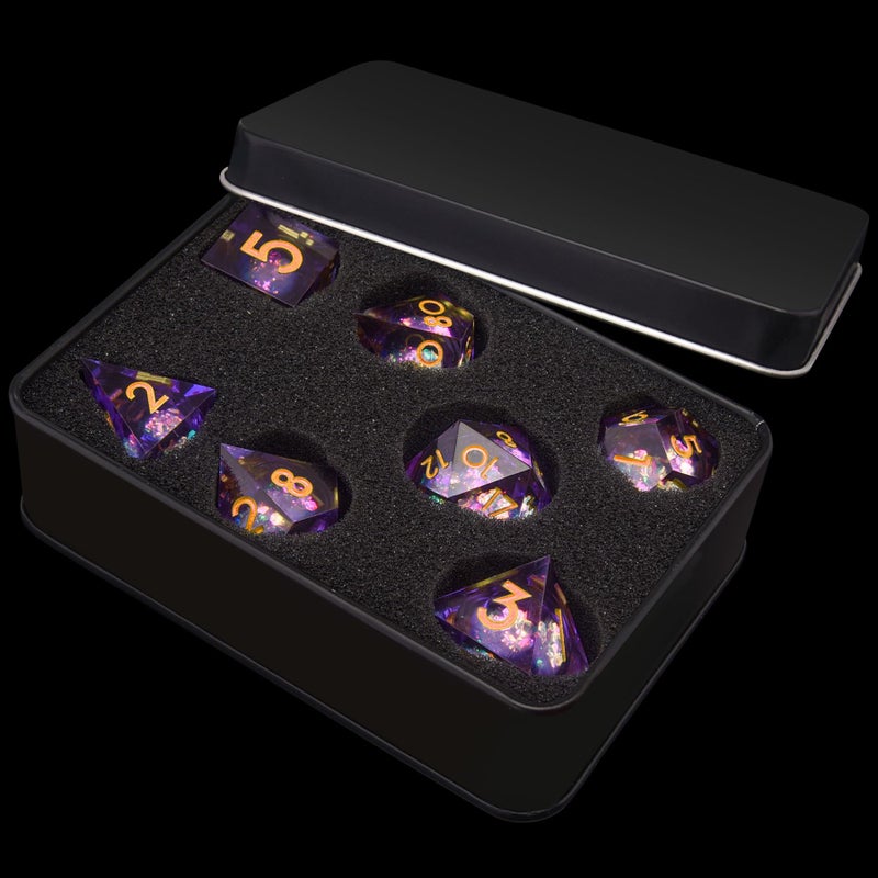 AUSTOR Liquid Core Resin DND Dice Sharp Edge Polyhedral Dice 7-Die DND Dice Set Quicksand Handmade Resin Dice for Dungeons and Dragons RPG MTG Table Games, Violet - Image 5