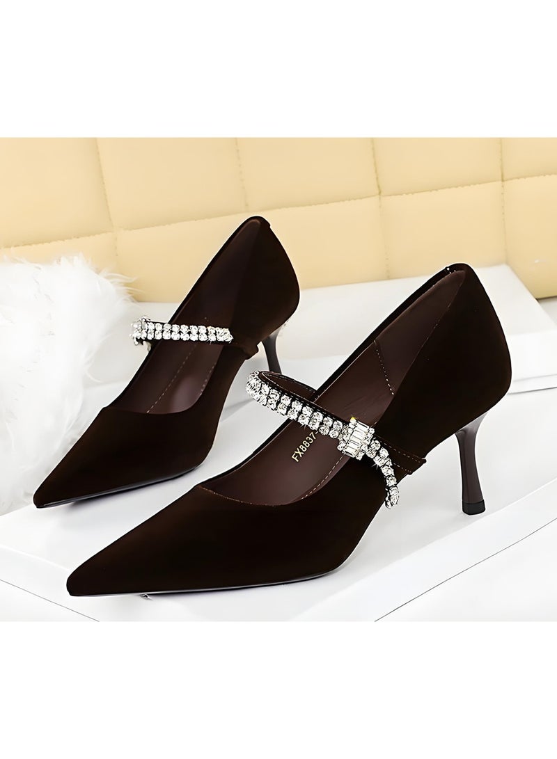 BIGTREE Women's Closed Pointed Toe Suede High Heels Stiletto Pumps Party Dress Shoes With Rhinestone Strap Dark Brown 7CM - Image 1