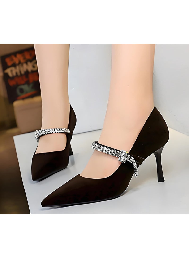 BIGTREE Women's Closed Pointed Toe Suede High Heels Stiletto Pumps Party Dress Shoes With Rhinestone Strap Dark Brown 7CM - Image 3