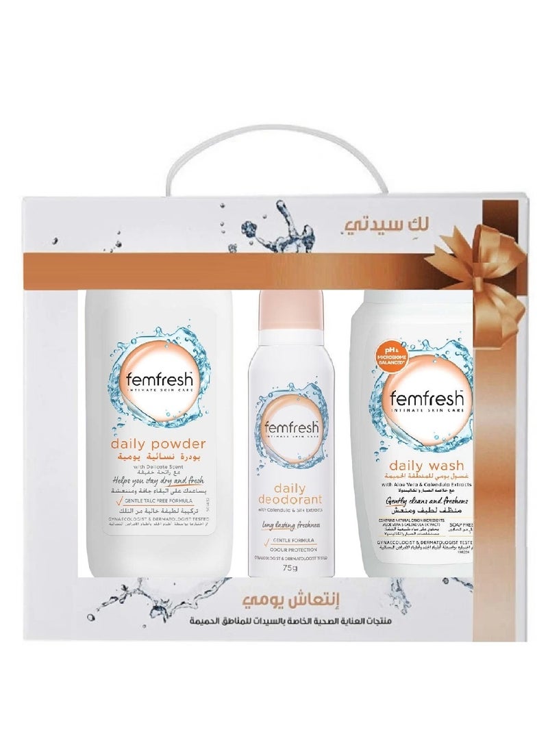 femfresh femfresh Daily Care Hygiene Kit For Women Intimate Areas 3 pieces Gentle Safe And suitable for Feminine Areas Consisting Of Daily Wash With Aloe Vera Extract, Refreshing Spray And Rebalancing Powder - Image 1