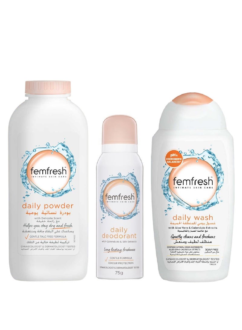 femfresh femfresh Daily Care Hygiene Kit For Women Intimate Areas 3 pieces Gentle Safe And suitable for Feminine Areas Consisting Of Daily Wash With Aloe Vera Extract, Refreshing Spray And Rebalancing Powder - Image 2