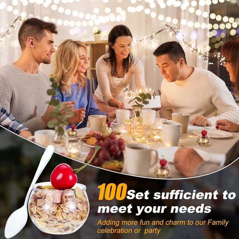 eBoot أكواب حلوى بلاستيكية كروية 100 قطعة سعة 2 أونصة مع ملاعق أكواب مقبلات دائرية قابلة للتصرف أكواب بارفيه شفافة أكواب بلاستيكية صغيرة للسلطة حفلات الزفاف الفعاليات حفلات عيد الميلاد تقديم الطعام - Image 4