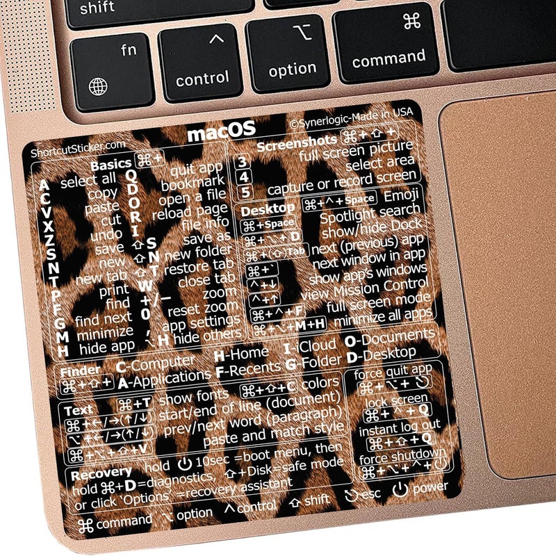 Synerlogic ملصق فينيل اختصارات لوحة المفاتيح لنظام Mac OS بدون بقايا، متوافق مع MacBook Air/Pro 13-16 بوصة و iMac و Mac mini (نمط الفهد) - Image 1