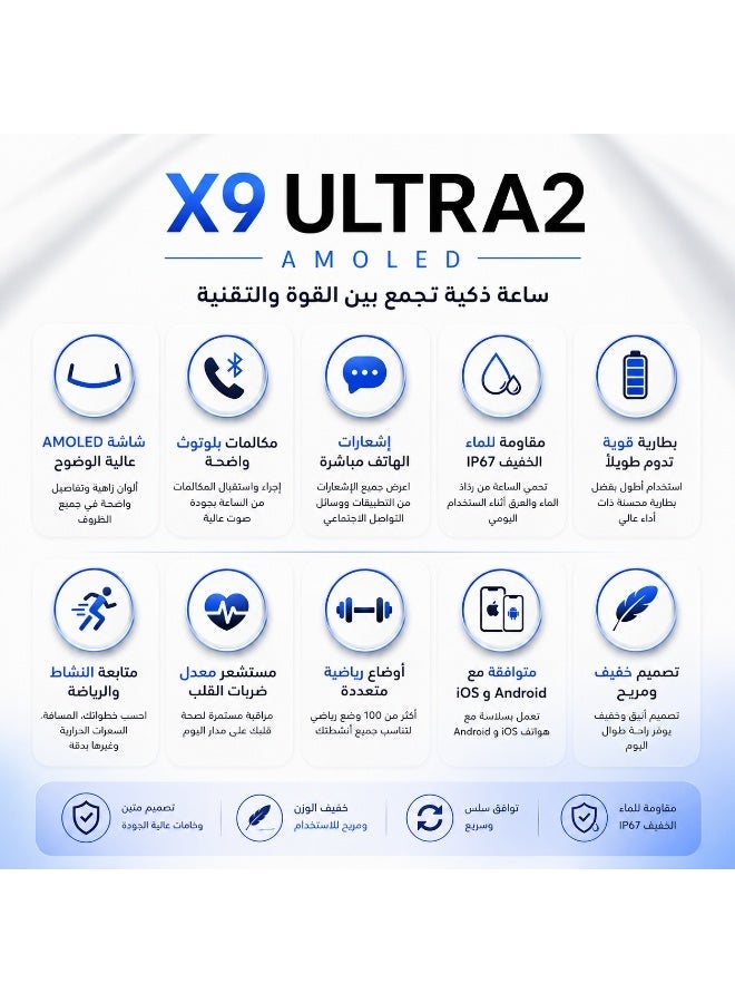 X9 Ultra Silver Smart Watch 49mm AMOLED Display Bluetooth Calling Fitness Tracker Heart Rate NFC Wireless Charging - Image 2