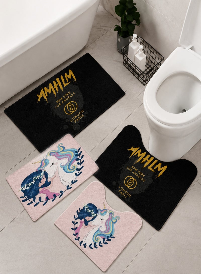 4-Pieces Bathroom Mat Set Non-Slip Absorbent Floor Rugs Soft Flannel Bath Mat & U-Shaped Toilet Mat Decorative Bathroom Carpet Set for Bathroom, Toilet, Shower Room and Washroom – Black & Pink Unicorn Design 50x80 and 50x60 cm - Image 1