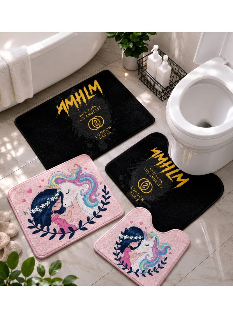 4-Pieces Bathroom Mat Set Non-Slip Absorbent Floor Rugs Soft Flannel Bath Mat & U-Shaped Toilet Mat Decorative Bathroom Carpet Set for Bathroom, Toilet, Shower Room and Washroom – Black & Pink Unicorn Design 50x80 and 50x60 cm - Image 2