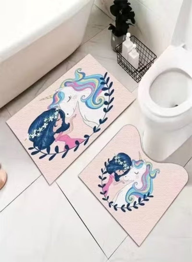 4-Pieces Bathroom Mat Set Non-Slip Absorbent Floor Rugs Soft Flannel Bath Mat & U-Shaped Toilet Mat Decorative Bathroom Carpet Set for Bathroom, Toilet, Shower Room and Washroom – Black & Pink Unicorn Design 50x80 and 50x60 cm - Image 4