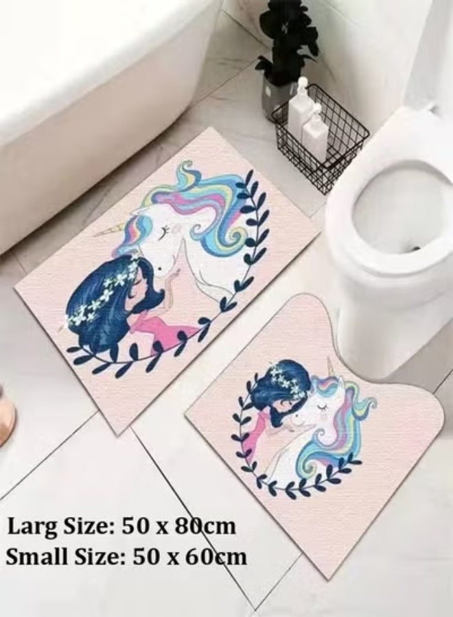 4-Pieces Bathroom Mat Set Non-Slip Absorbent Floor Rugs Soft Flannel Bath Mat & U-Shaped Toilet Mat Decorative Bathroom Carpet Set for Bathroom, Toilet, Shower Room and Washroom – Black & Pink Unicorn Design 50x80 and 50x60 cm - Image 5