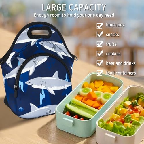 Violet Mist Blue Neoprene Lunch Bags Tote Large Insulated Lunch Containers Waterproof Thermal Lunch Box with Pocket Adjustable Shoulder Strap Reusable Bento Bag for Men Adult Picnic Work Travel, Shark - Image 2