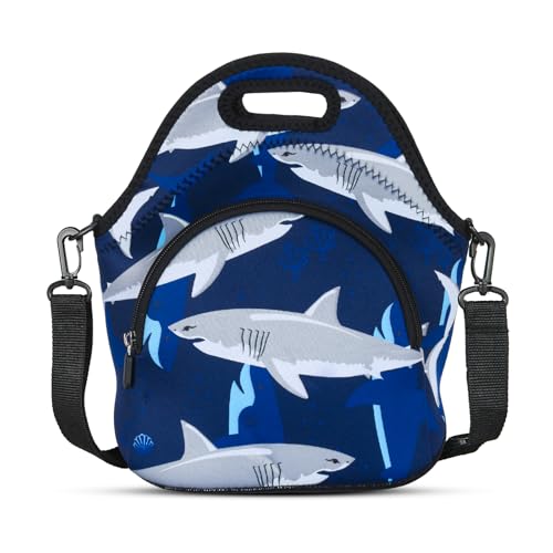Violet Mist Blue Neoprene Lunch Bags Tote Large Insulated Lunch Containers Waterproof Thermal Lunch Box with Pocket Adjustable Shoulder Strap Reusable Bento Bag for Men Adult Picnic Work Travel, Shark - Image 1
