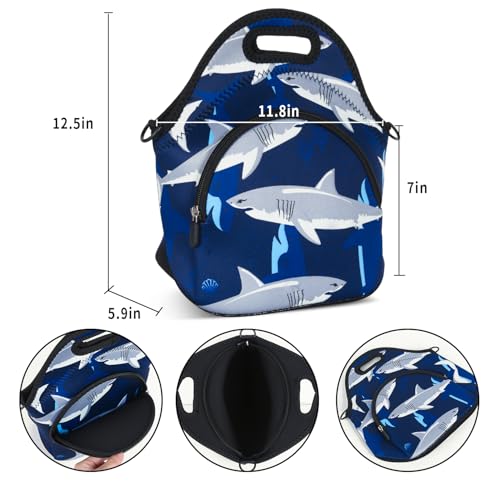 Violet Mist Blue Neoprene Lunch Bags Tote Large Insulated Lunch Containers Waterproof Thermal Lunch Box with Pocket Adjustable Shoulder Strap Reusable Bento Bag for Men Adult Picnic Work Travel, Shark - Image 5