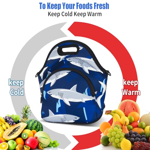 Violet Mist Blue Neoprene Lunch Bags Tote Large Insulated Lunch Containers Waterproof Thermal Lunch Box with Pocket Adjustable Shoulder Strap Reusable Bento Bag for Men Adult Picnic Work Travel, Shark - Image 3