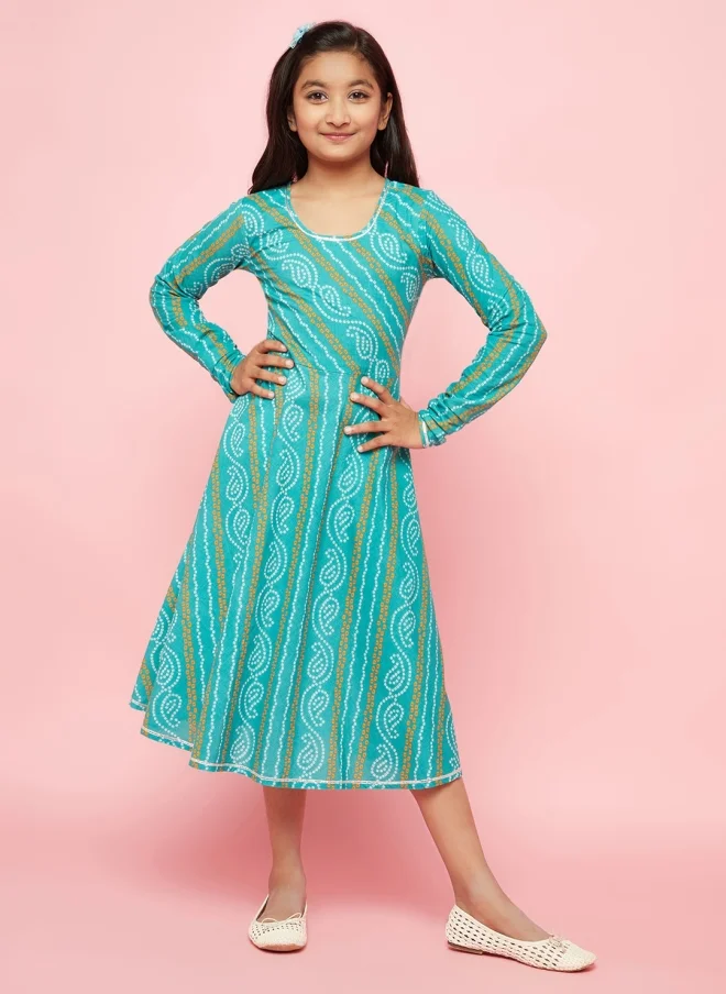 AKS Blue Ethnic Motifs A-Line Dress for Girls