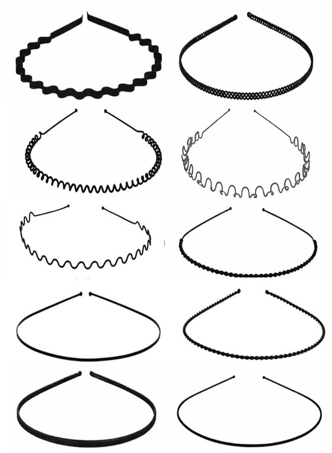 KLNEEDS Black Metal Hair Band for Men - 10 Pcs Thin Wavy Non-Slip Adjustable Headbands for Women & Boys, Sports, Gym, Yoga, Running & Face Wash - Image 1