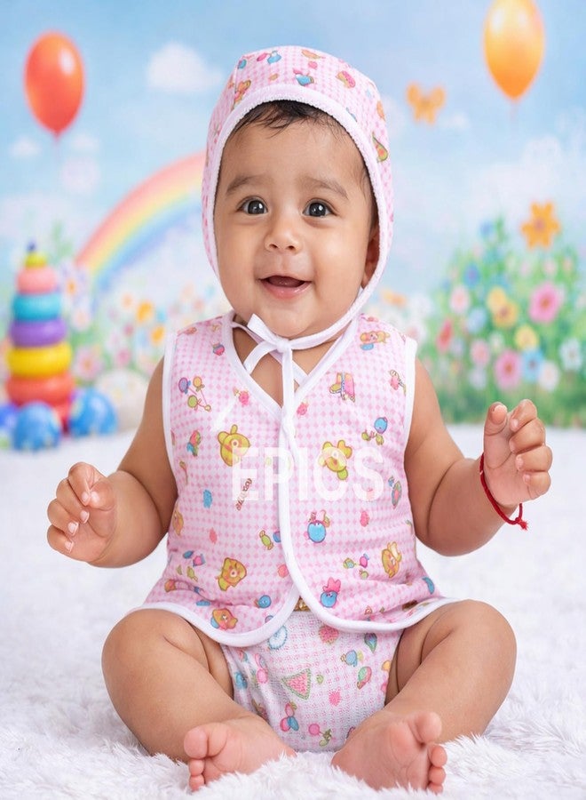 Epics (Pack of 3 Newborn Baby | 0-6 Months | Cotton Vest Set with Cap & Nappy Soft Sleeveless Infant Innerwear Combo, Breathable Printed Summer Clothing for Boys & Girls, Multicolor - Image 5