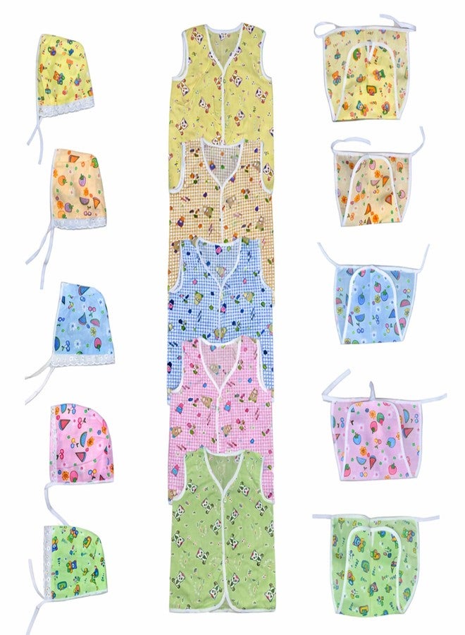 Epics (Pack of 3 Newborn Baby | 0-6 Months | Cotton Vest Set with Cap & Nappy Soft Sleeveless Infant Innerwear Combo, Breathable Printed Summer Clothing for Boys & Girls, Multicolor - Image 1
