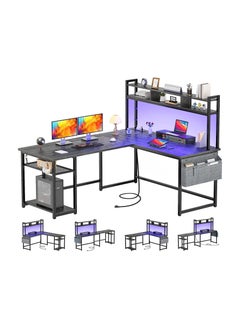 Reversible L-Shaped Corner Computer Desks Gaming Desk with Storage Shelf & Monitor Stand, Modern Home Office Desk Writing Desk Modular Dombination Desk Shaped Desk with Power Outlet  LED Strip