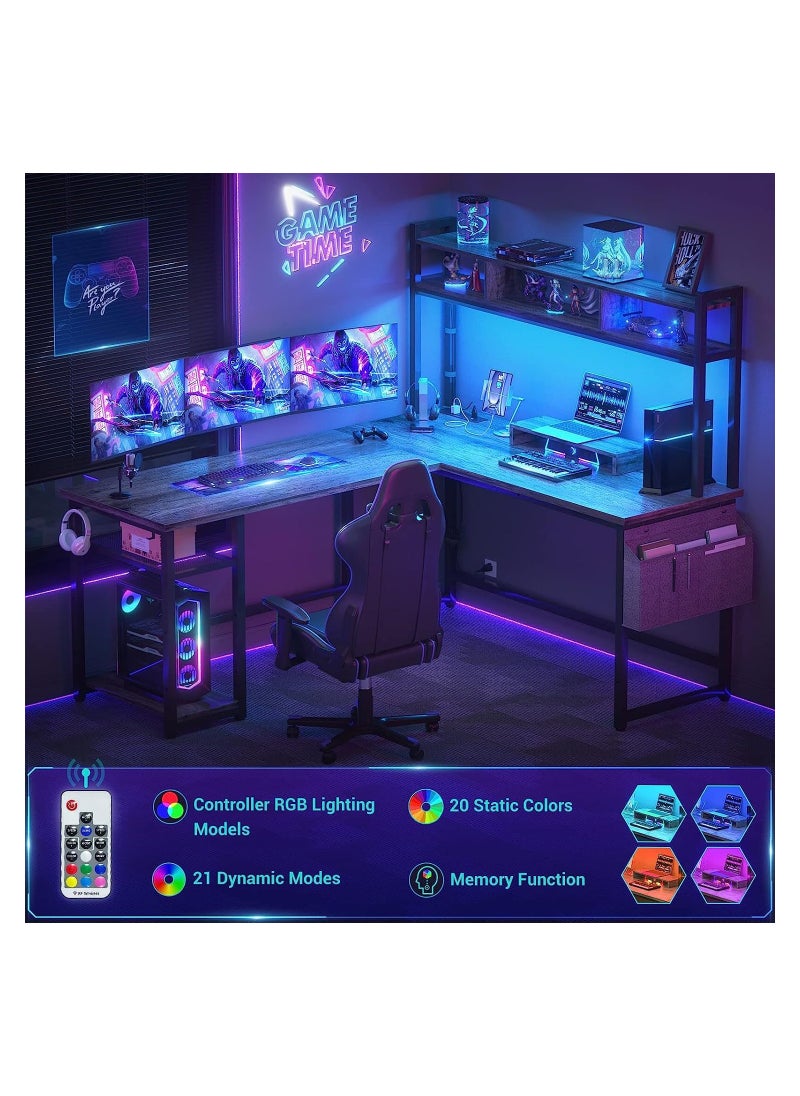 Royal Polar - Reversible L-Shaped Corner Computer Desks Gaming Desk with Storage Shelf & Monitor Stand, Modern Home Office Desk Writing Desk Modular Dombination Desk Shaped Desk with Power Outlet  LED Strip - Image 1