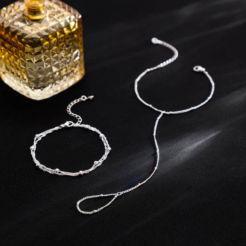 MBW Silver Hand Chain Bracelets for Women,Dainty 14k Plated Finger Ring Bracelet Hand Chain Layered Gold bead Bracelet for Non Tarnish Trendy Simple Jewelry for Women - Image 4
