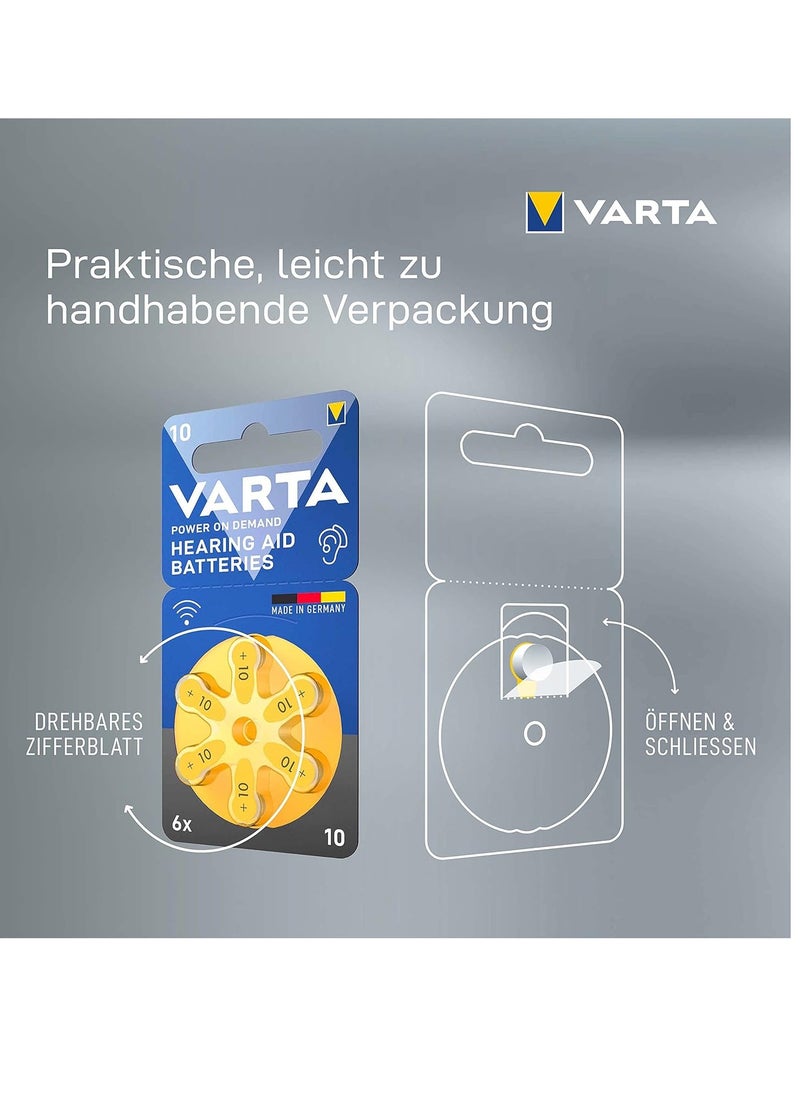 VARTA - Hearing Aid Batteries, Yellow Type 10 , PR70 , 1.45V , 6 pes, Custom Made, high hearing level, mercury-free, Made in Germany - Image 1
