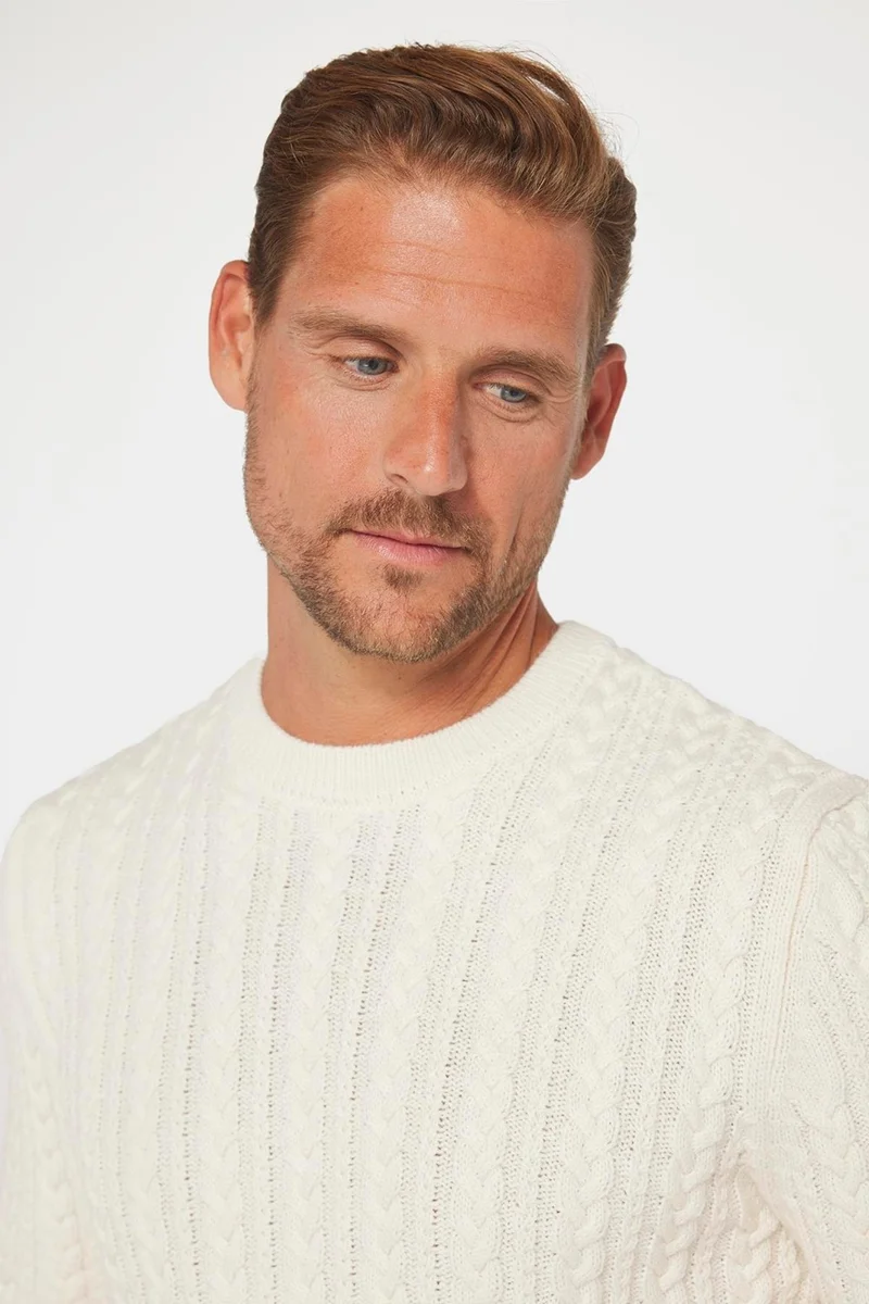 تودورس Men's Crew Neck Hair Knit Patterned Ecru Knitwear Sweater