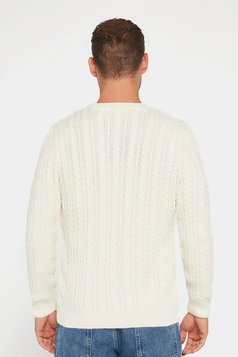 تودورس Men's Crew Neck Hair Knit Patterned Ecru Knitwear Sweater