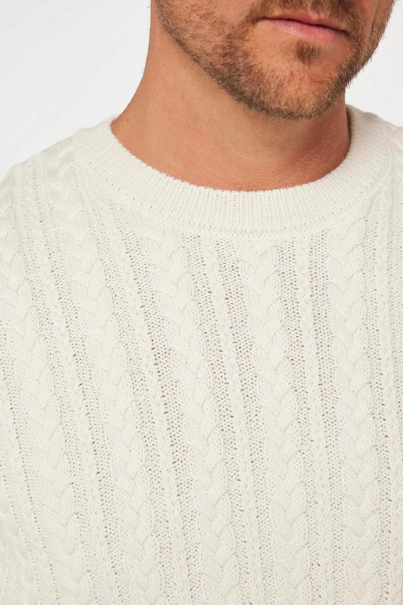 تودورس Men's Crew Neck Hair Knit Patterned Ecru Knitwear Sweater