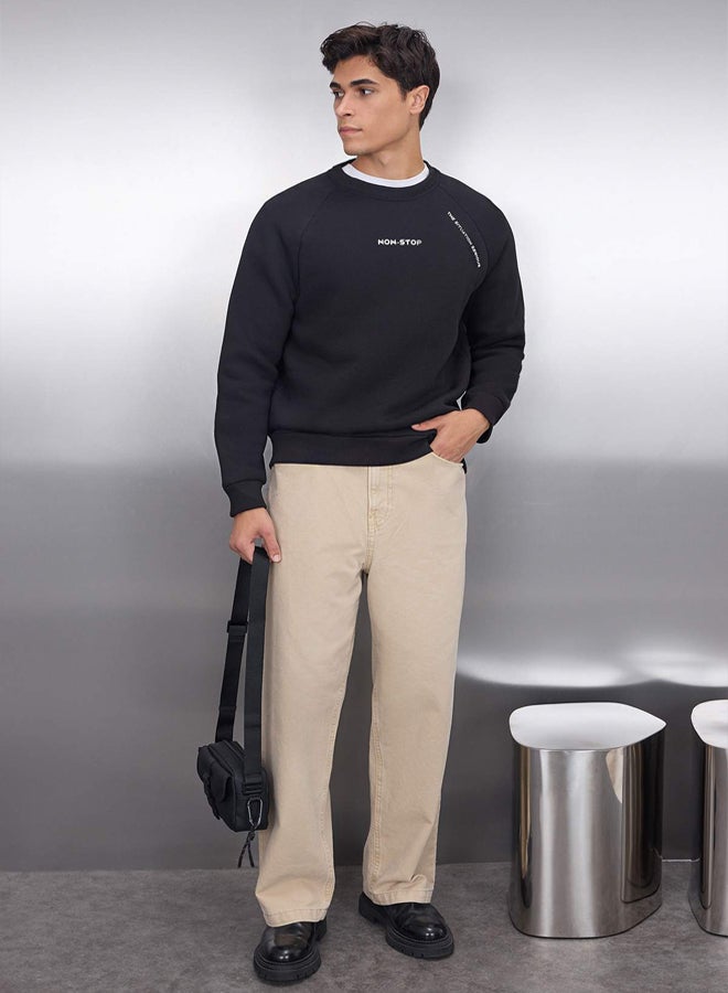 trendyol Black Regular/Normal Cut Raglan Sleeve Text Printed Sweatshirt - Image 1