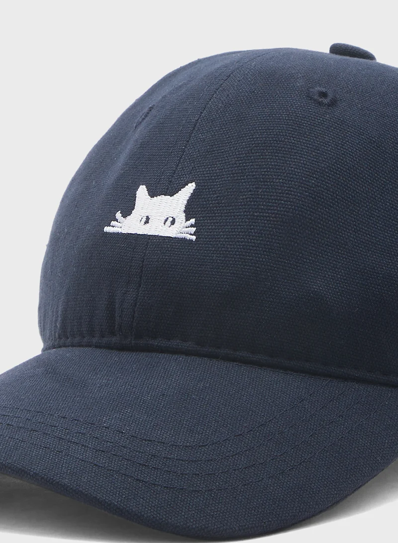 Seventy Five Cat Embroidered Casual Curve Peak Cap