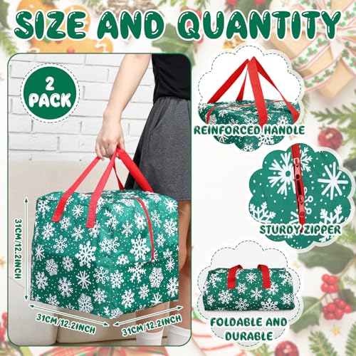 Kajaia 2 Pcs Christmas Ornament Storage 12 x 12 x 12 Inch Snowflake Holiday Accessories Bag Christmas Storage Containers Tear Proof Xmas Ornament Organizer with Handles Full Length Zipper (Green) - Image 2
