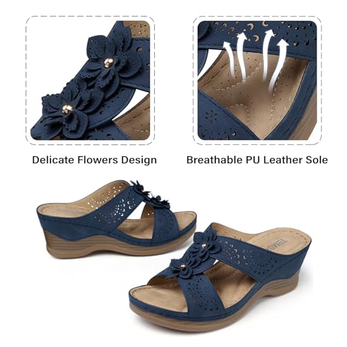 TEMOFON Womens Wedge Sandals Leather: Low Heels Platform Women Summer Wedge Sandals Navy Dressy Slip on Casual Comfortable Walking Size 8 - Image 4
