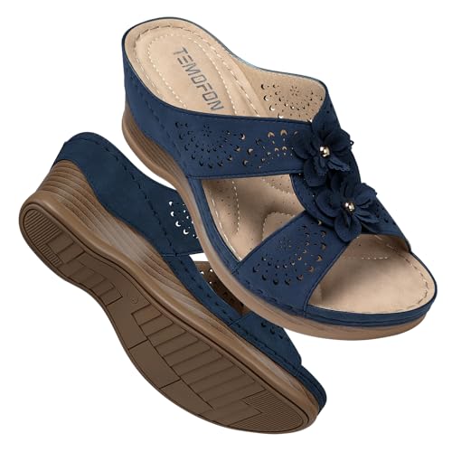TEMOFON Womens Wedge Sandals Leather: Low Heels Platform Women Summer Wedge Sandals Navy Dressy Slip on Casual Comfortable Walking Size 8 - Image 1