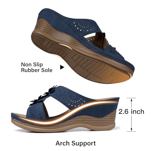 TEMOFON Womens Wedge Sandals Leather: Low Heels Platform Women Summer Wedge Sandals Navy Dressy Slip on Casual Comfortable Walking Size 8 - Image 5