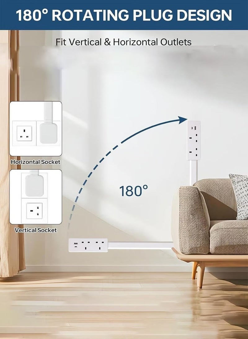 Neox توصيلة جدارية مُوسِّع مقبس كهربائي مزود بمنافذ USB (منفذان من نوع )؛ قابس حائطي قابل للدوران بزاوية 180 درجة مع 4 منافذ تيار متردد (AC)، شريط طاقة قابل للتمدد والتعديل بطول يتراوح بين 17.7 و27 بوصة، مُصمَّم للاستخدام خلف الأريكة، والمكتب، والسرير. - Image 4
