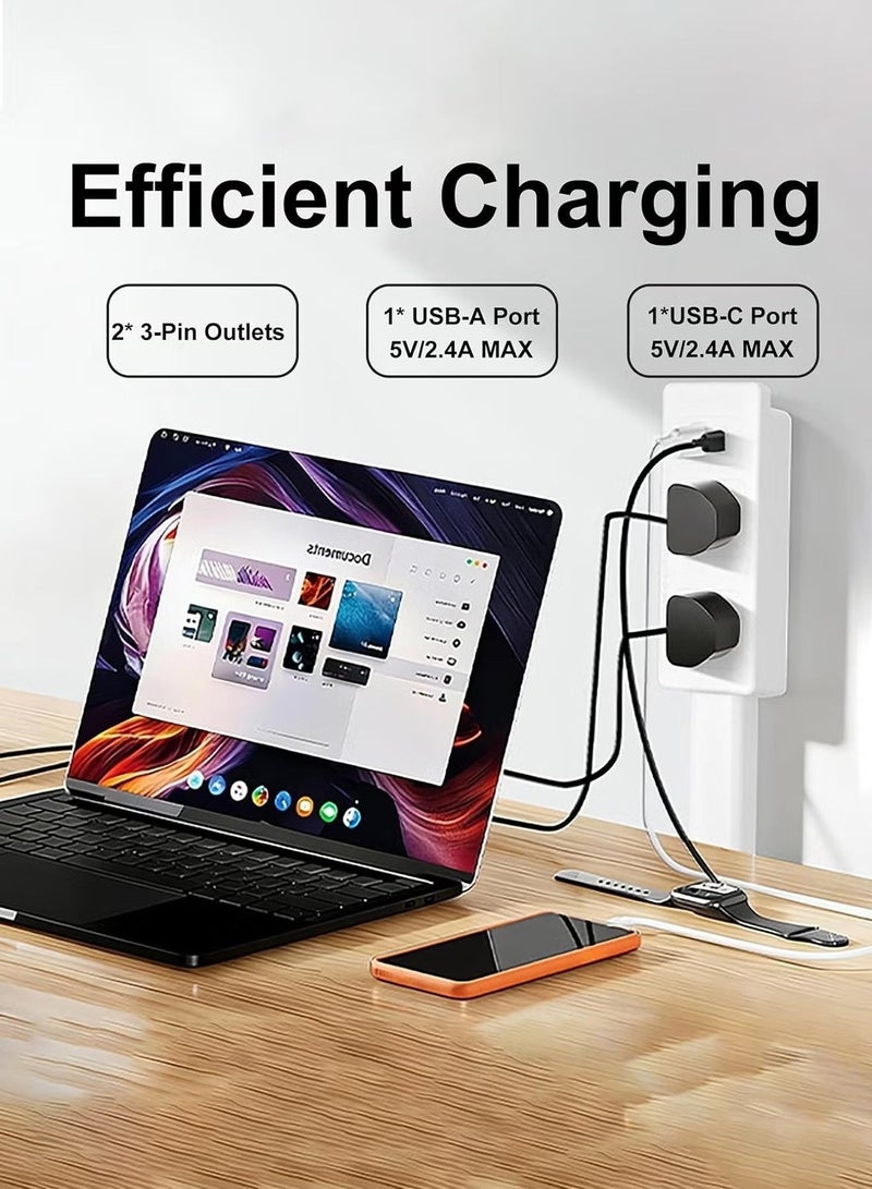 Neox توصيلة جدارية مُوسِّع مقبس كهربائي مزود بمنافذ USB (منفذان من نوع )؛ قابس حائطي قابل للدوران بزاوية 180 درجة مع 4 منافذ تيار متردد (AC)، شريط طاقة قابل للتمدد والتعديل بطول يتراوح بين 17.7 و27 بوصة، مُصمَّم للاستخدام خلف الأريكة، والمكتب، والسرير. - Image 2