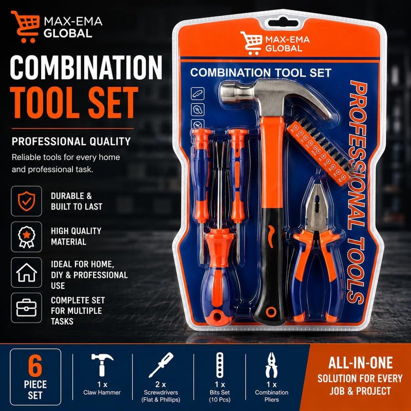 MAX-EMA GLOBAL MAX-EMA Household Tool Kit 6 Piece Hand Tool Set with Claw Hammer, Combination Pliers, 3 Magnetic Screwdrivers & 10 Changeable Steel Bits, DIY Home Repair Tool Kit for Home Garage and Office - Image 2