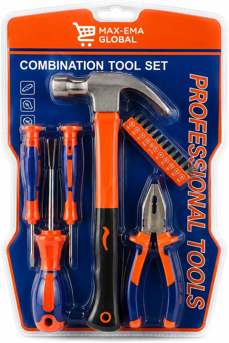 MAX-EMA GLOBAL MAX-EMA Household Tool Kit 6 Piece Hand Tool Set with Claw Hammer, Combination Pliers, 3 Magnetic Screwdrivers & 10 Changeable Steel Bits, DIY Home Repair Tool Kit for Home Garage and Office - Image 1