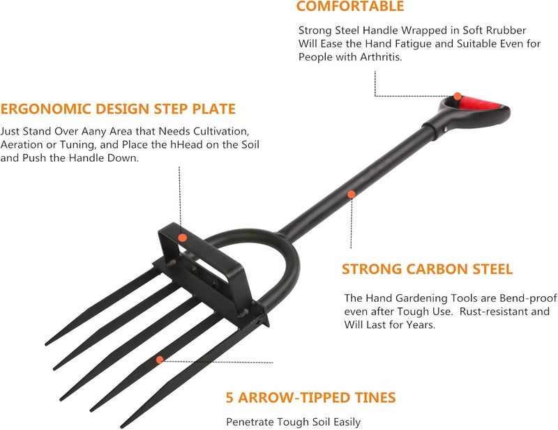 Ymachray 5-Tine Heavy Duty Pitch Fork for Gardening - Long Handled Digging Fork Garden Claw Weeder - Image 4