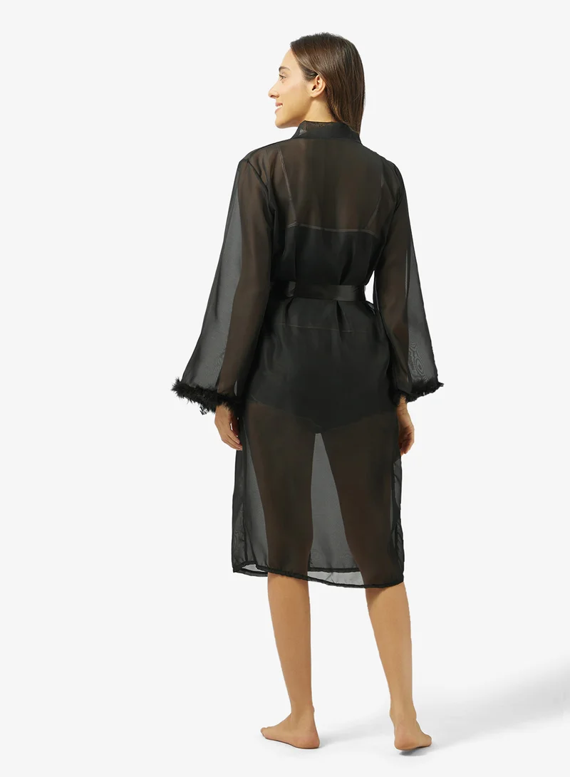جينجر Satin Robe with Feather Trim