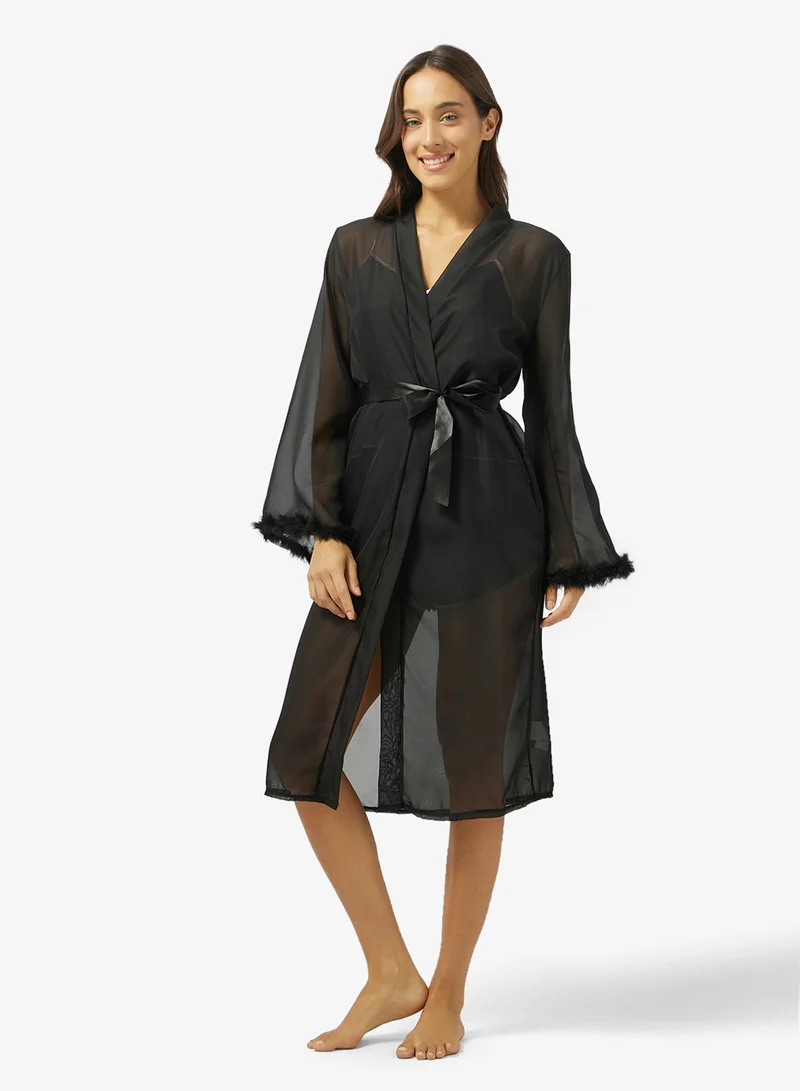 جينجر Satin Robe with Feather Trim