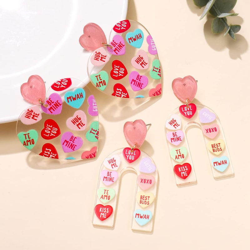 BSJELL Love XOXO Message Printed Lucite Arch Dangle Earrings Galentines Valentines for Her Women - Image 5