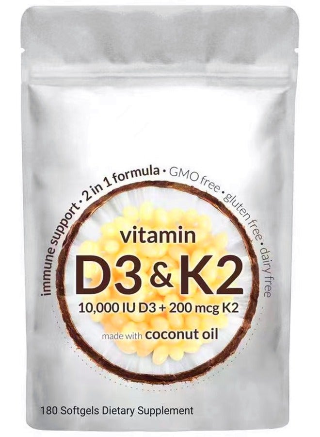 فيتامين D3 10000 وحدة دولية بالإضافة إلى K2 MK 7 200 ميكروجرام 180 كبسولة هلامية من زيت جوز الهند البكر 2 في 1 فيتامينات D K مركب يدعم امتصاص الكالسيوم صحة العظام المناعية القلب سهل البلع - Image 1