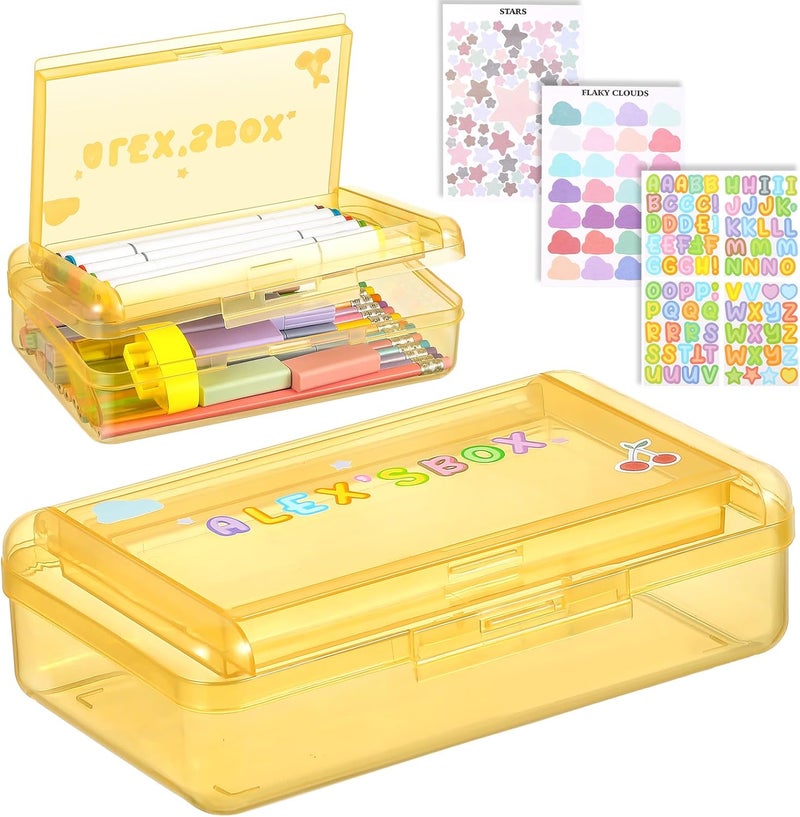 Fainne Double Layer Pencil Box with 3 Stickers Large Capacity Plastic Pencil Case Clear Crayon Box Organizer with Letter Star Cloud Stickers for School Gel Pens Erasers Art Craft Supplies(Yellow) - Image 1