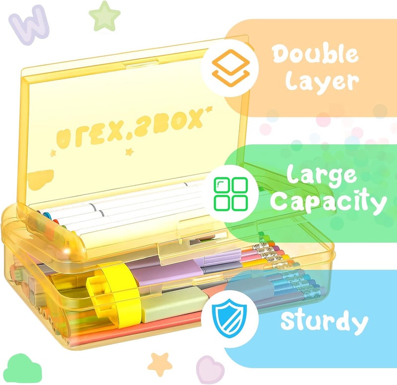 Fainne Double Layer Pencil Box with 3 Stickers Large Capacity Plastic Pencil Case Clear Crayon Box Organizer with Letter Star Cloud Stickers for School Gel Pens Erasers Art Craft Supplies(Yellow) - Image 4