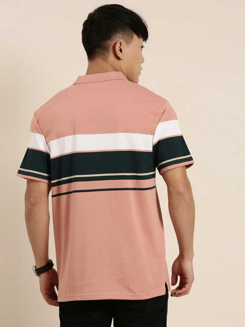 Joven Light Orange Striped Polo T-Shirt for Men