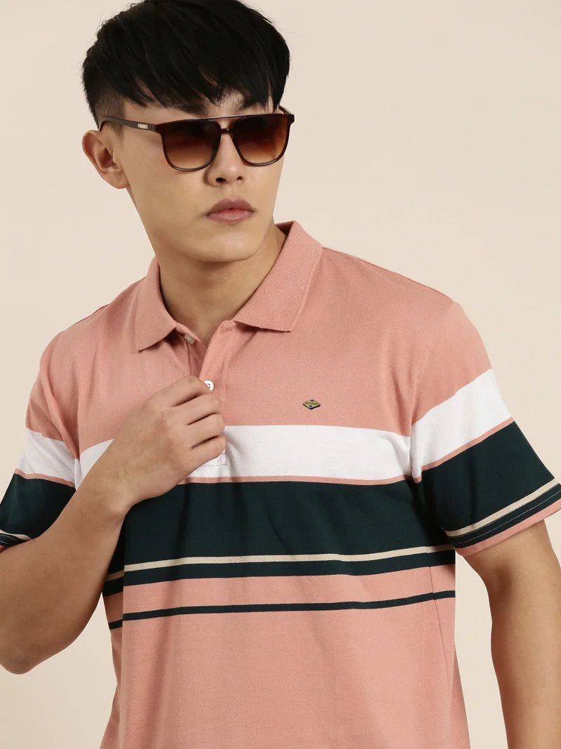 Joven Light Orange Striped Polo T-Shirt for Men