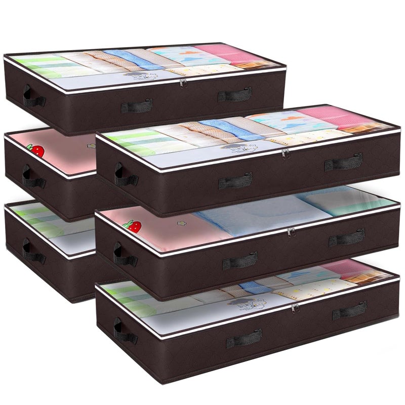 Budding Joy 6 Pack 90L Under bed Storage Containers Organizer Large Capacity Underbed Clothes Storage Bins Organization and Storage Bedroom Foldable Storage Bags with Clear Window Brown
