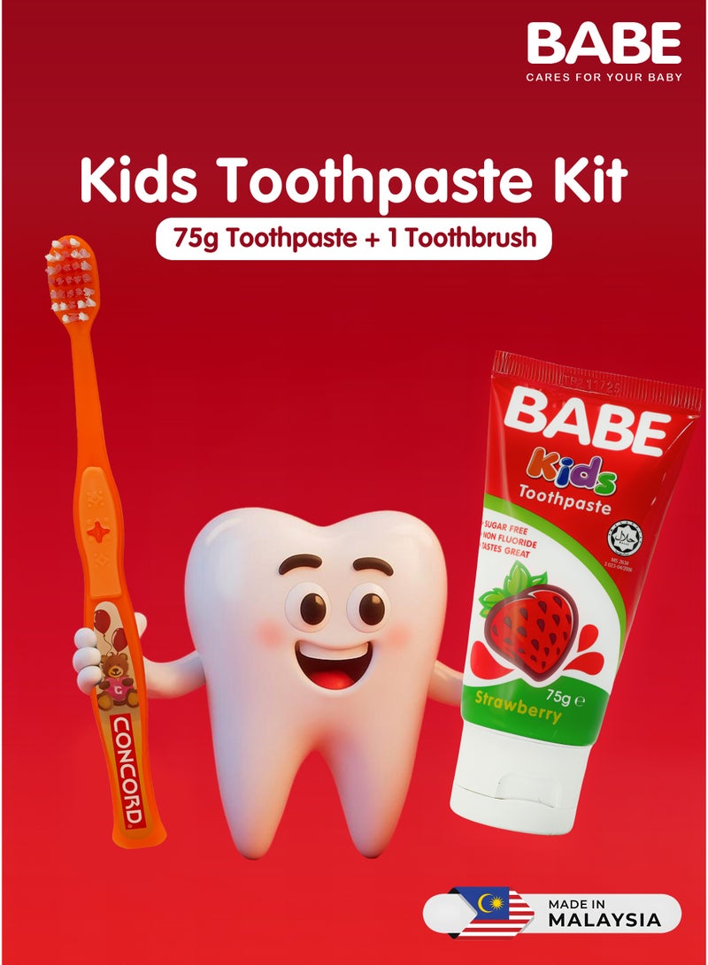BABE - Baby Toothpaste Kit, 1 Tooth Brush + 75g Toothpaste with Strawberry Flavour, Fluoride-Free, Soft for Baby's First Teeth, 3+ Months, Made in Malaysia - Image 2