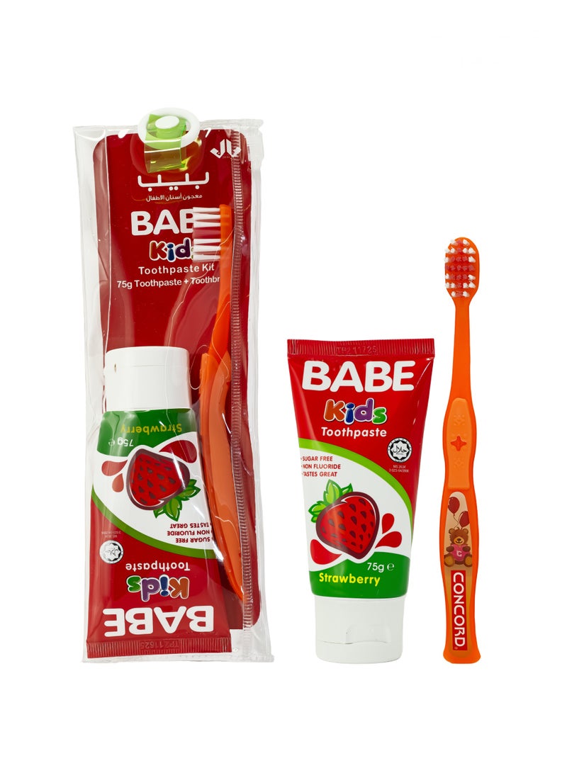 BABE - Baby Toothpaste Kit, 1 Tooth Brush + 75g Toothpaste with Strawberry Flavour, Fluoride-Free, Soft for Baby's First Teeth, 3+ Months, Made in Malaysia - Image 1